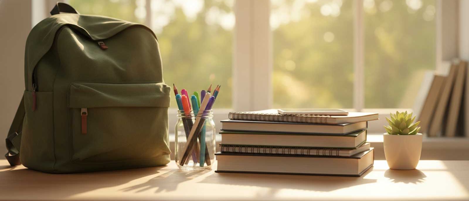 Back-to-school scene with a backpack, notebooks and school supplies
