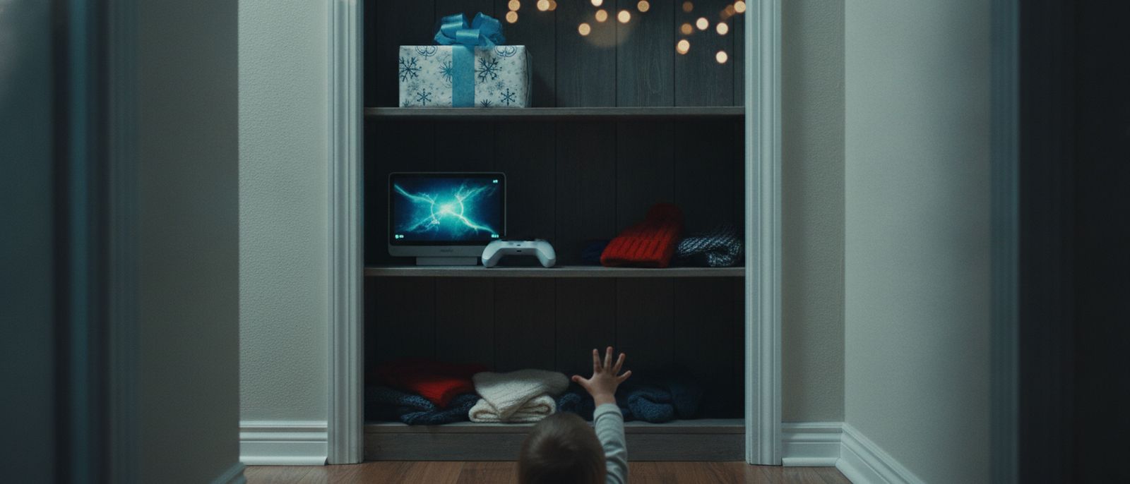 A wrapped present on a high shelf, out of a child's reach