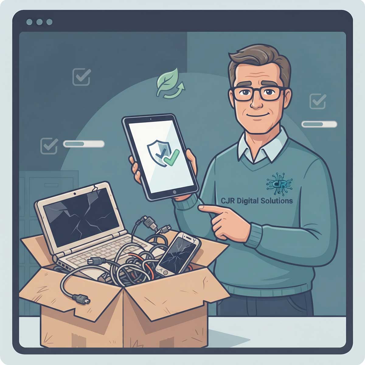 Illustration representing secure hardware disposal and recycling.